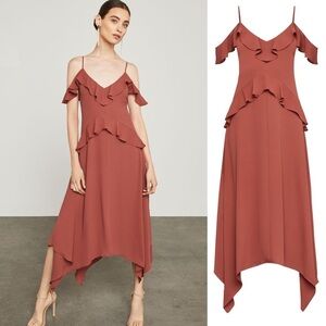 BCBGMAXAZRIA Satin Ruffle Midi Formal Dress Garden Wedding Bridesmaid Fairy S